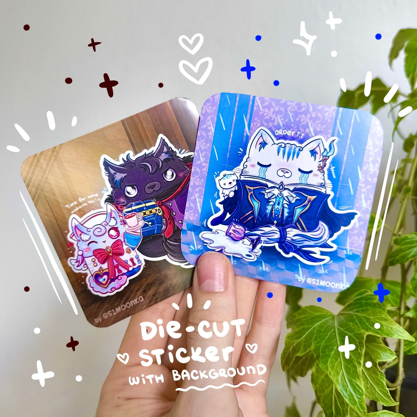 MEOWILLETE and PURRTHESLEY fandom die-cut sticker with background