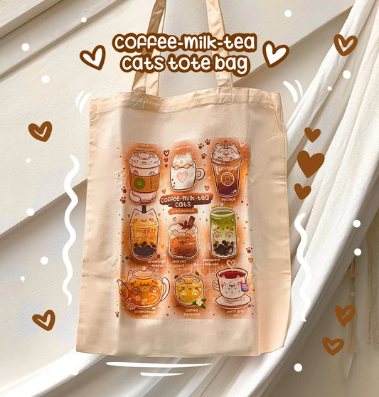 COFFEE-MILK-TEA CATS cotton tote bag