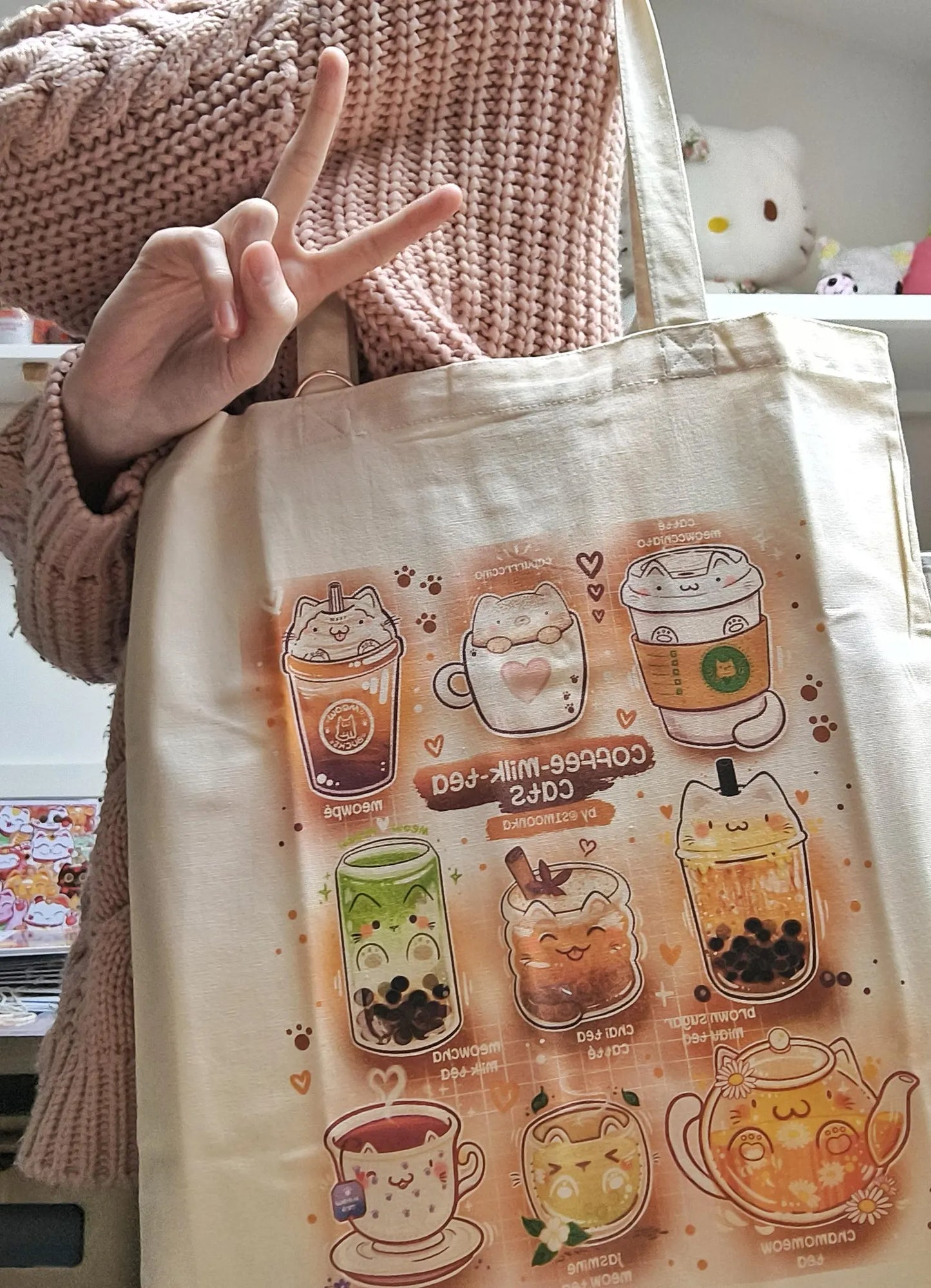 COFFEE-MILK-TEA CATS cotton tote bag