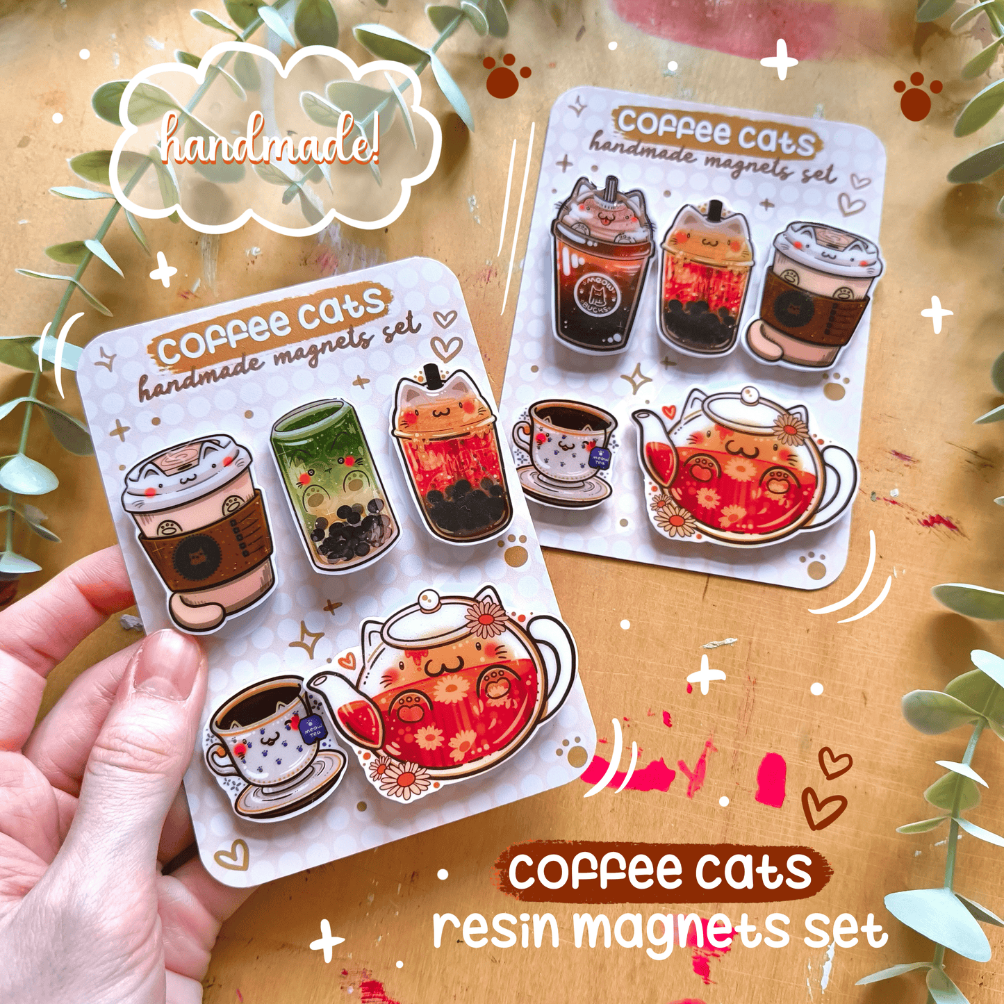 COFFEE-MILK-TEA CATS handmade resin magnets set