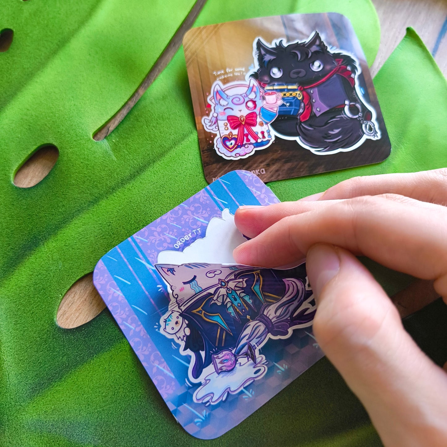MEOWILLETE and PURRTHESLEY fandom die-cut sticker with background