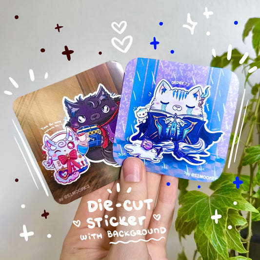 MEOWILLETE and PURRTHESLEY fandom die-cut sticker with background
