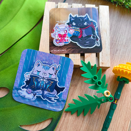 MEOWILLETE and PURRTHESLEY fandom die-cut sticker with background