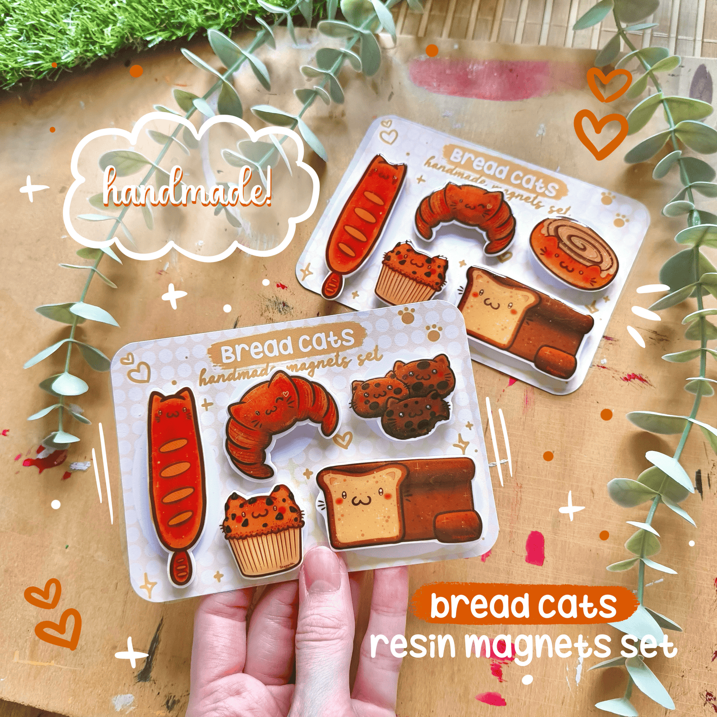 BREAD CATS handmade resin magnets set